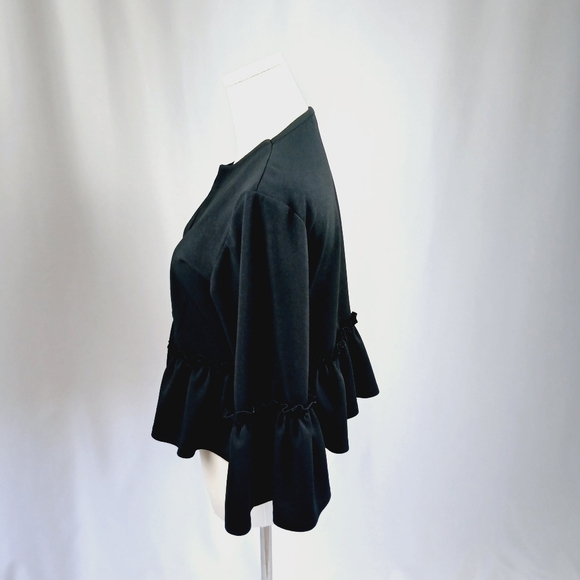 PrettyLittleThing Black Frill Cropped Jacket US 8 Open Front Peplum 3/4 Sleeve - Picture 2 of 5
